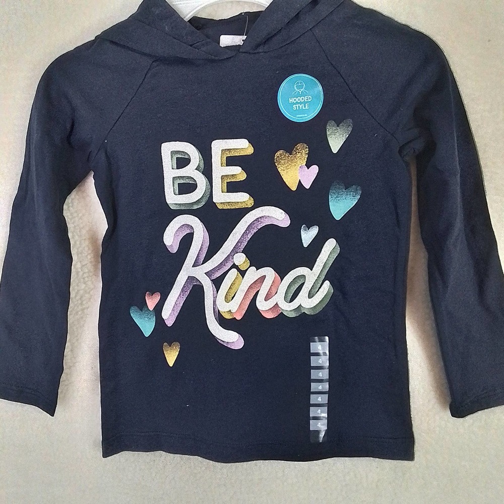 Carter's Long Sleeve Cotton T-Shirt‎ Hoodie Size 4 Navy w/ Be Kind Graphic